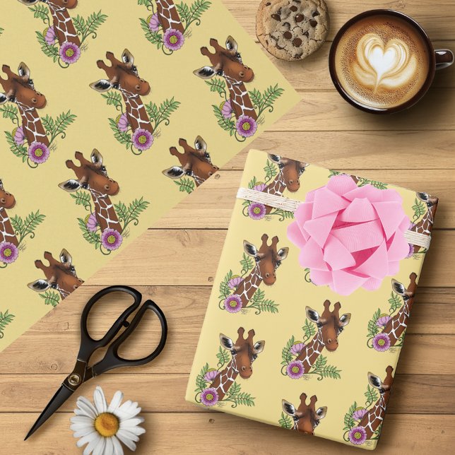 Giraffe Yellow Portrait Flowers Wrapping Paper (Creator Uploaded)