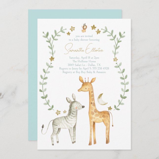 Giraffe Zebra Jungle Safari Baby Shower Invitation (Front/Back)