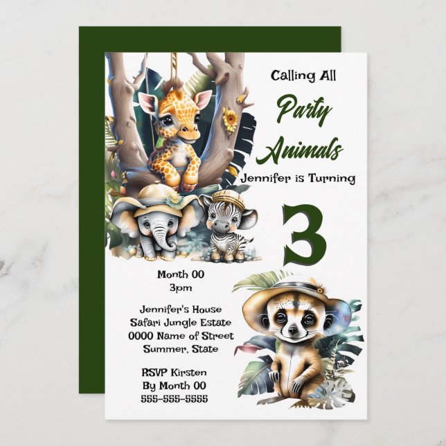 Giraffe zebra safari zoo animals jungle party invitation (Front/Back)