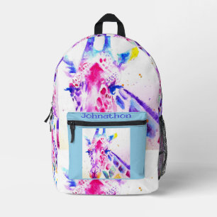 Giraffe Zoo Animal Kids Watercolor Boys Name Printed Backpack