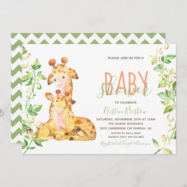 Giraffe Zoo Animals Baby Shower Invitation (Front/Back)