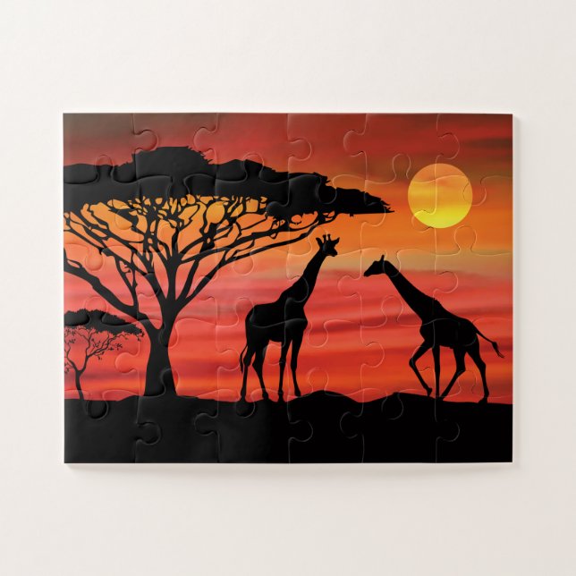 Giraffes African Sunset Jigsaw Puzzle (Horizontal)