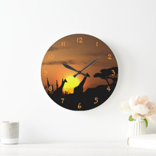 Giraffes At Nairobi Safari Sunset Watercolor Art Large Clock