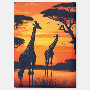 Giraffes at the Watering Hole at Sunset Magnet