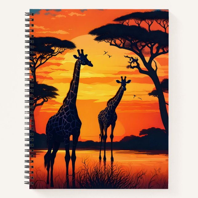Giraffes at the Watering Hole at Sunset Notebook (Front)