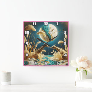 Giraffes by a moonlit river square wall clock