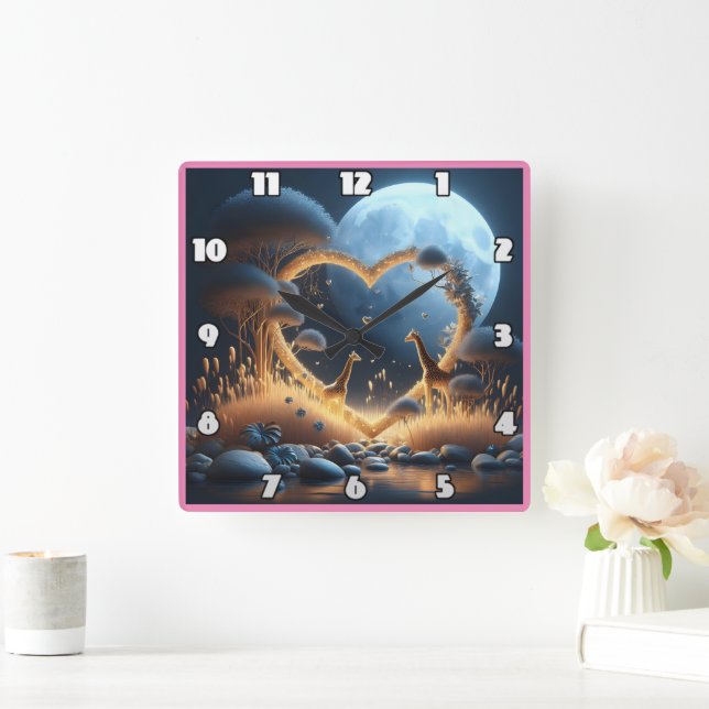 Giraffes embracing love beneath a moonlit sky square wall clock (Home)