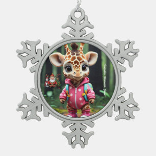 "Giraffe's Forest Adventure" Snowflake Pewter Christmas Ornament