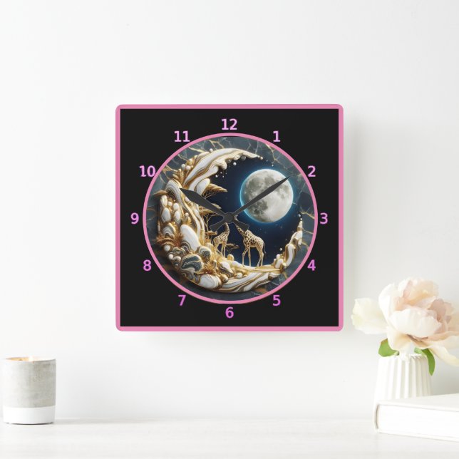 Giraffes gazing under a majestic African moonlight Square Wall Clock (Home)
