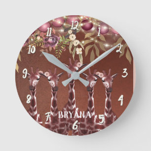 Giraffes Giraffe Floral Rustic Brown Personalised Round Clock