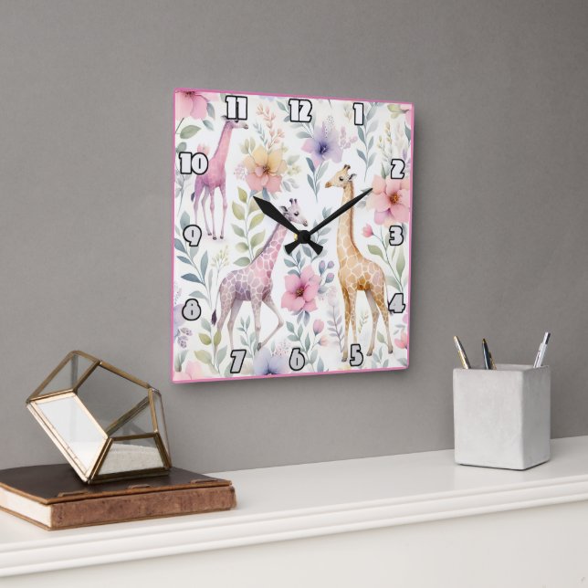 Giraffes grazing among colourful foliage in Africa Square Wall Clock (Office)