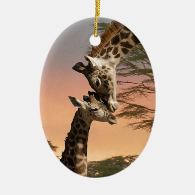 Giraffes Greeting Each Other Ceramic Tree Decoration (Front)