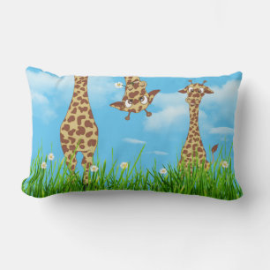 Giraffes in Grass with Clouds Lumbar Pillow