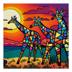 Giraffes in the Savanna Under the Evening Sun Poster