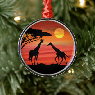 Giraffes in the Serengeti Sunset Metal Ornament