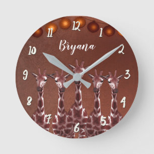 Giraffes & Lights Rustic Brown Chic Personalised Round Clock