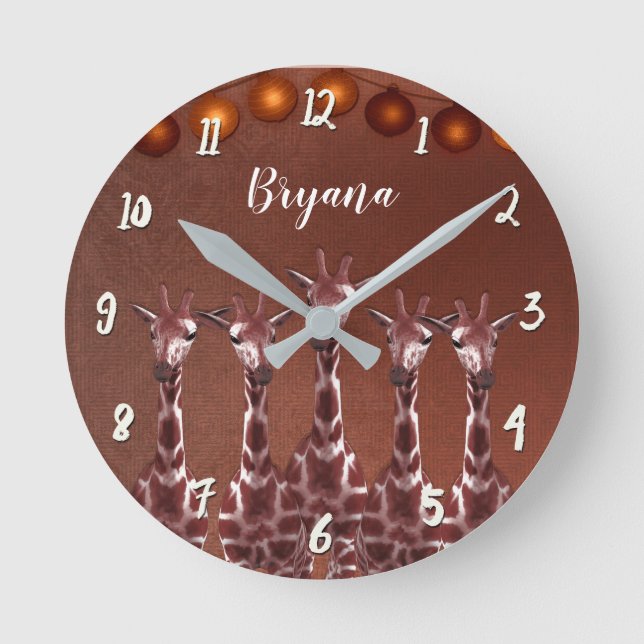 Giraffes & Lights Rustic Brown Chic Personalised Round Clock (Front)