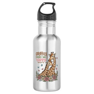 Giraffes Make Me Happy Vintage Floral Shirt Design 532 Ml Water Bottle