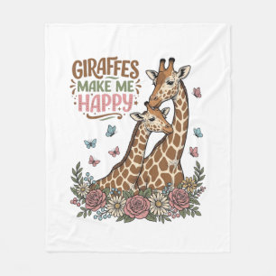 Giraffes Make Me Happy Vintage Floral Shirt Design Fleece Blanket