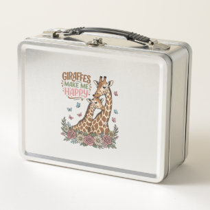 Giraffes Make Me Happy Vintage Floral Shirt Design Metal Lunch Box