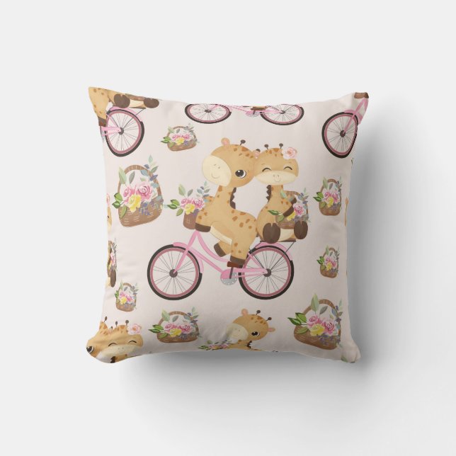Giraffes on Bicycles with Floral Baskets Cushion (Front)