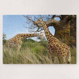 Giraffes out in the african field by some trees jigsaw puzzle