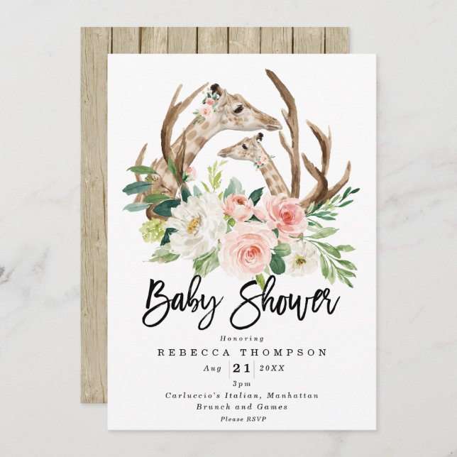 giraffes rustic floral modern baby shower invitation (Front/Back)