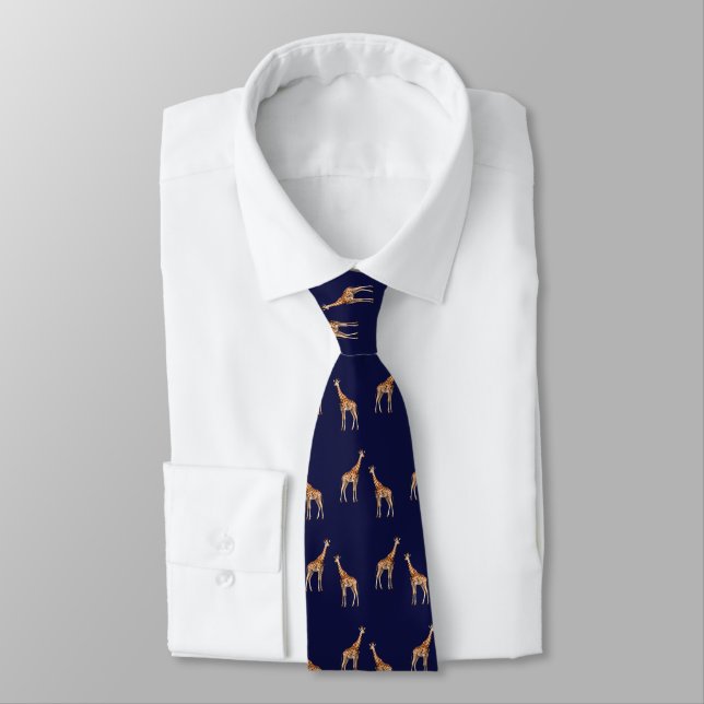 Giraffes Wildlife Pattern Dark Blue Tie (Tied)