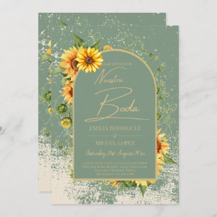 Girasoles Bilingües Boda Rústica en Verde Salvia Invitation