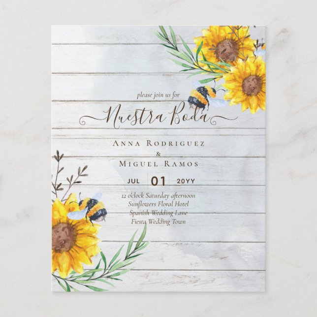 Girasoles de Invitación de Boda Económica Bilingüe (Front)