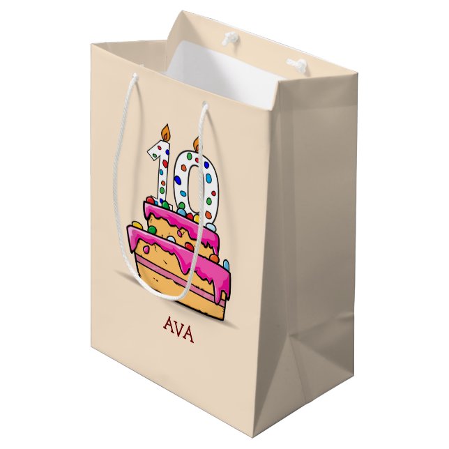 Girl 10th Birthday, 10 on Sweet Pink Cake Medium Gift Bag (Front Angled)