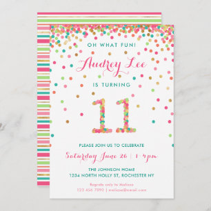 Girl 11th Birthday Invitation eleventh birthday