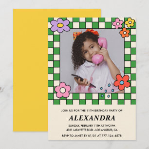 Girl 11th birthday invitation Retro Groovy Flowers