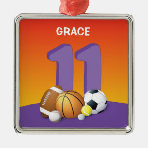 Girl 11th Birthday Sports Balls Metal Ornament