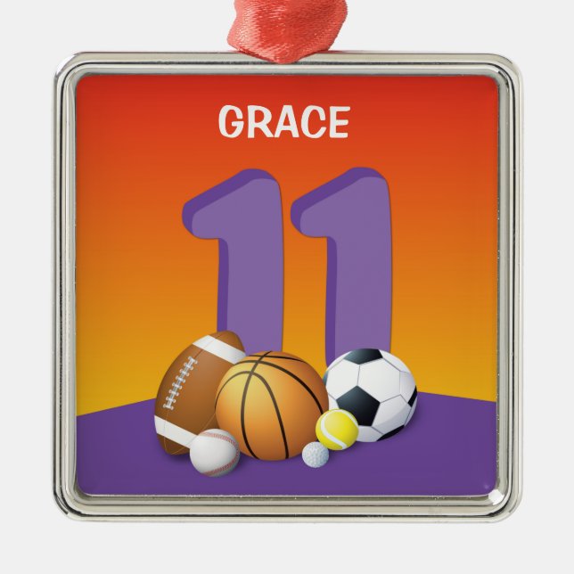 Girl 11th Birthday Sports Balls Metal Ornament (Front)