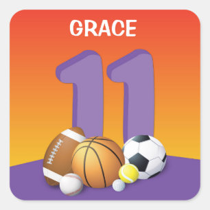 Girl 11th Birthday Sports Balls Square Sticker