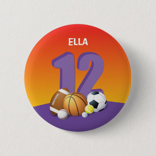 Girl 12th Birthday Sports Balls 6 Cm Round Badge