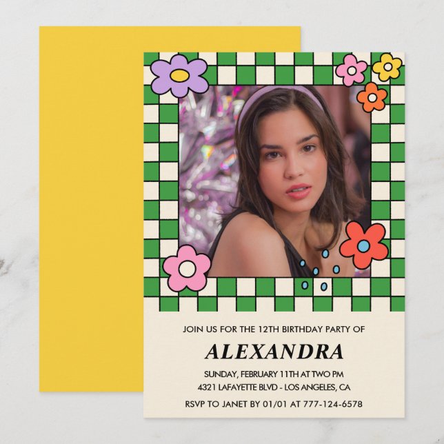 Girl 13th birthday invitation Retro Groovy Flowers (Front/Back)