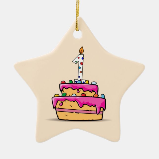 Girl 1st Birthday, 1 on Sweet Pink Cake Ceramic Ornament (Front)