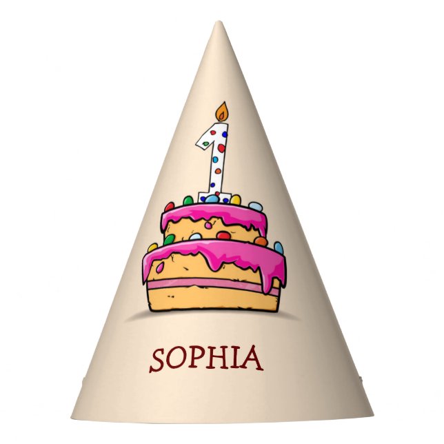 Girl 1st Birthday, 1 on Sweet Pink Cake Party Hat (Front)