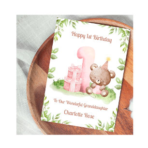 Girl 1st Birthday Greenery Teddy Bear Card