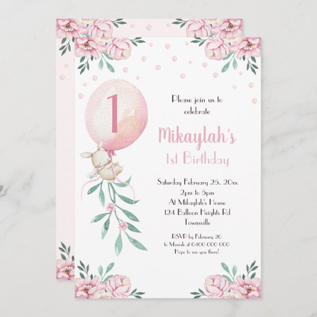 Girl 1st Birthday Invitation Balloons Bunny Party (Front/Back)
