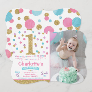 Girl 1st Birthday Invitation Pink & Gold Confetti