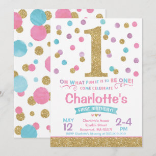 Girl 1st Birthday Invitation Pink & Gold Confetti
