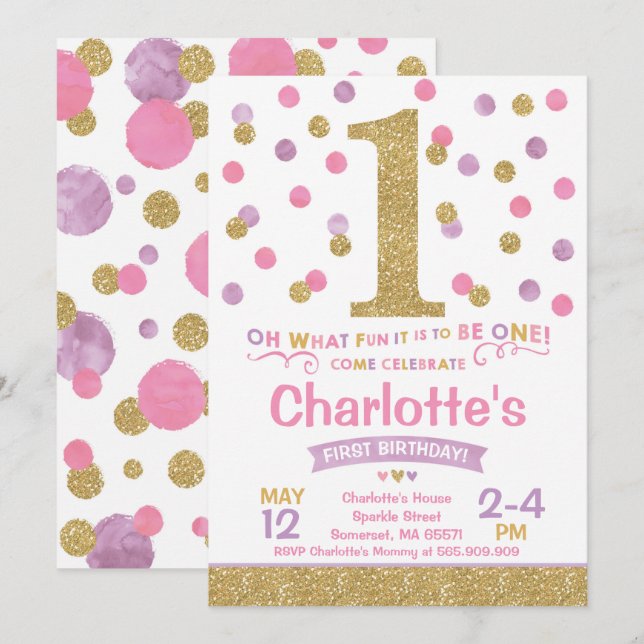 Girl 1st Birthday Invitation Pink & Gold Confetti (Front/Back)