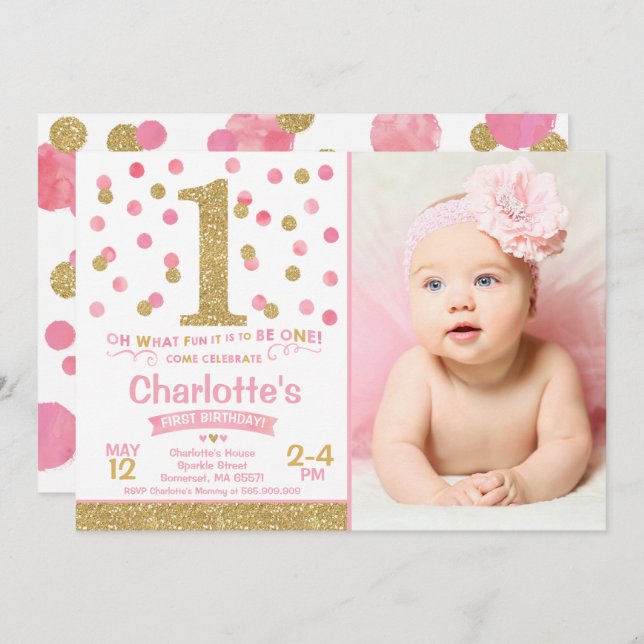Girl 1st Birthday Invitation Pink & Gold Confetti (Front/Back)