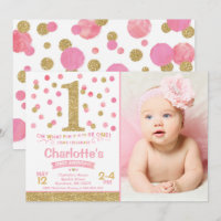 Girl 1st Birthday Invitation Pink & Gold Confetti