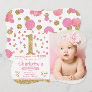 Girl 1st Birthday Invitation Pink & Gold Confetti