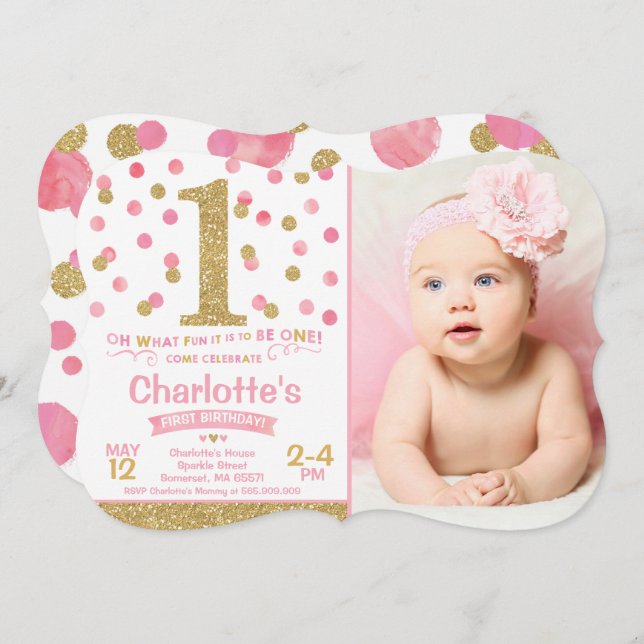 Girl 1st Birthday Invitation Pink & Gold Confetti (Front/Back)
