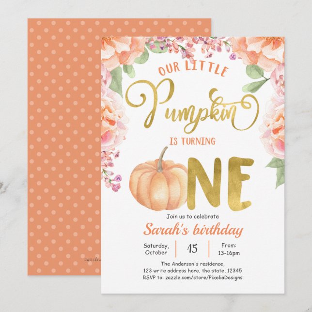 Girl 1st birthday, Little Pumpkin Autumn First Invitation (Front/Back)